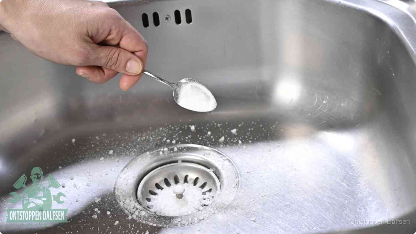 Een hand strooit met een lepel soda in de afvoer van een roestvrijstalen spoelbak, de soda en azijn huismiddel-methode om de afvoer te ontstoppen in Dalfsen