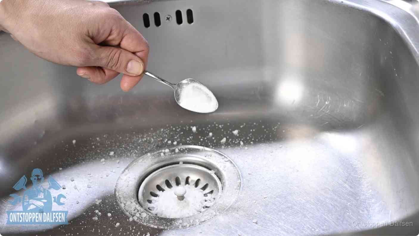 Een hand strooit met een lepel soda in een afvoerputje, de soda en azijn huismiddel-methode om de wc te ontstoppen in Dalfsen