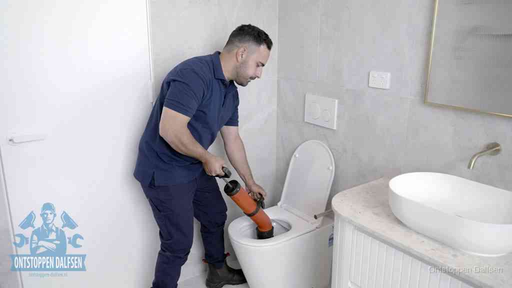 Een monteur gebruikt een handmatige perspomp (toiletontstopper) op een wandcloset tijdens het professioneel wc ontstoppen in Dalfsen