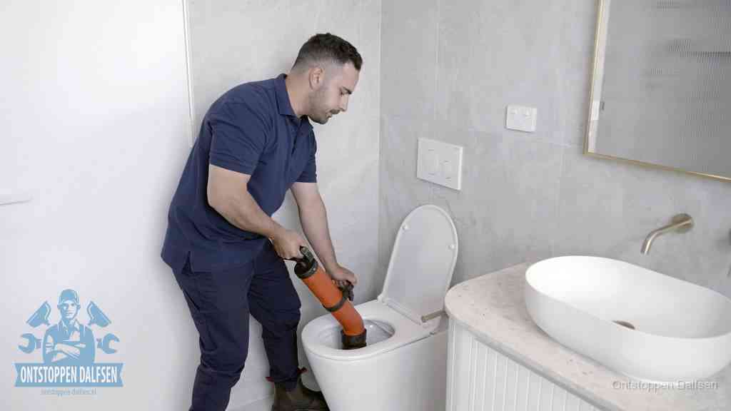 Een man gebruikt een handmatige luchtdruk-ontstopper in een modern betegeld toilet om zelf de wc te ontstoppen in Dalfsen
